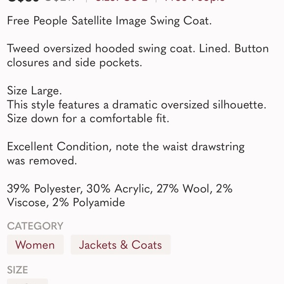 Free People Tweed Satellite Image Swing Coat Size Large Hooded Jacket -HOST PICK - Picture 15 of 16